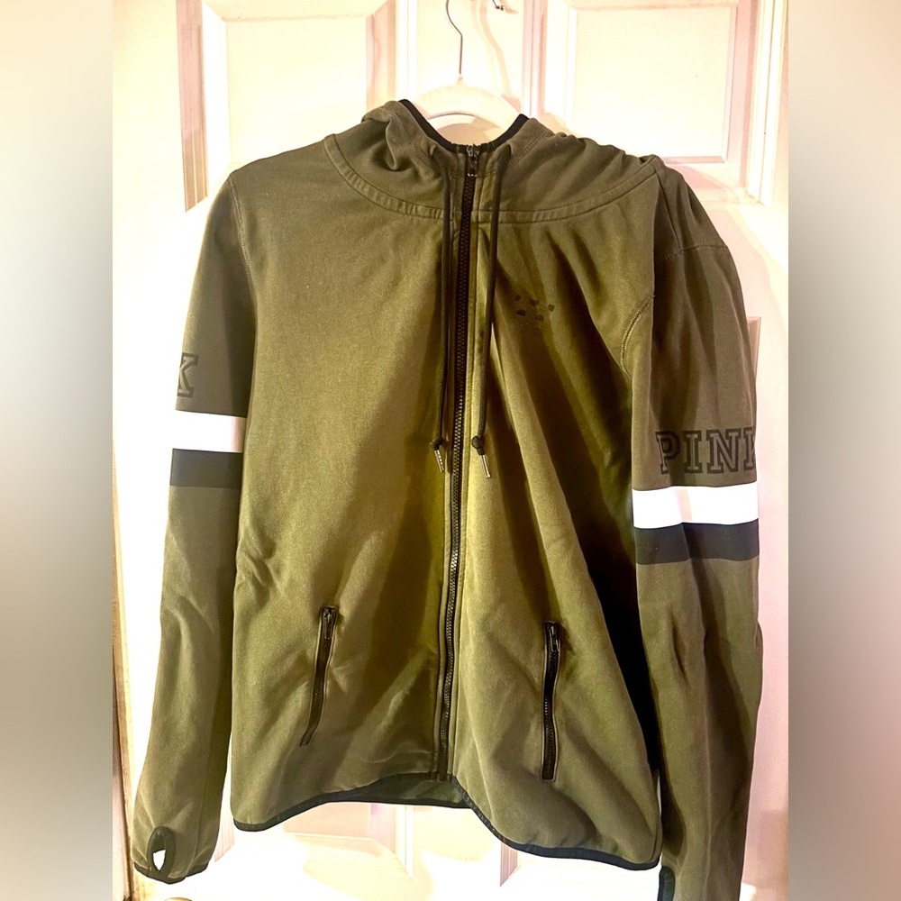 PINK Victoria's Secret Ultimate Zip Up Hoodie Olive Green Varsity Stripe L